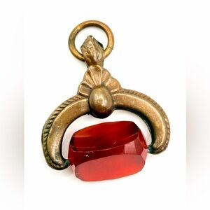 Antique Victorian Red Glass and Brass Spinner Fob Pendant